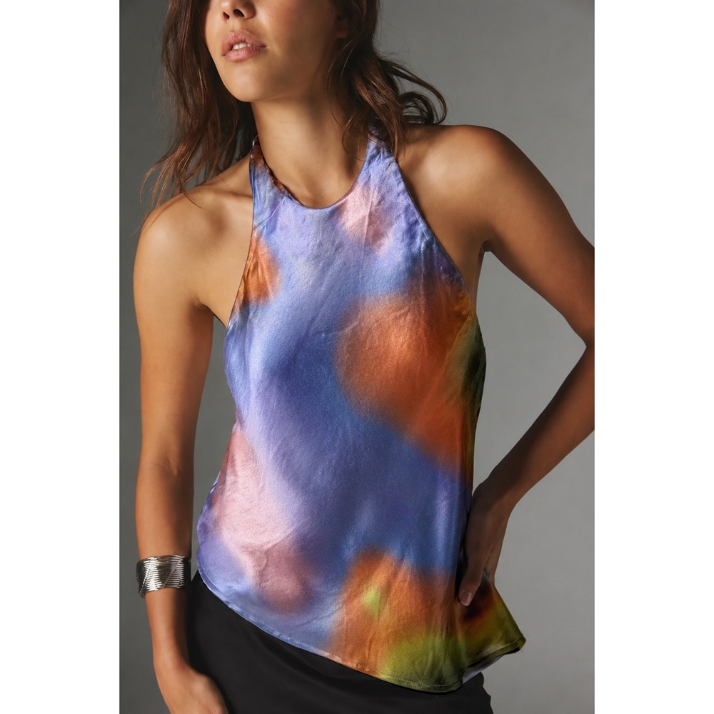 Silence + Noise Watercolor Satin Halter Solis Top Open Back Large NWOT